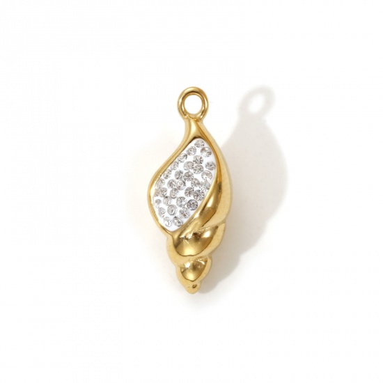 Imagen de 1 Piece Eco-friendly PVD Vacuum Plating 304 Stainless Steel Charms 18K Real Gold Plated White Enamel Conch/ Sea Snail Clear Cubic Zirconia 22mm x 9mm