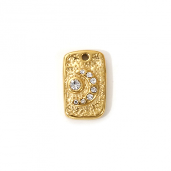 Imagen de 1 Piece Eco-friendly PVD Vacuum Plating 304 Stainless Steel Galaxy Charms 18K Real Gold Plated Rectangle Moon Clear Cubic Zirconia 15.5mm x 9.5mm