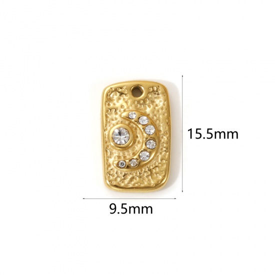 Imagen de 1 Piece Eco-friendly PVD Vacuum Plating 304 Stainless Steel Galaxy Charms 18K Real Gold Plated Rectangle Moon Clear Cubic Zirconia 15.5mm x 9.5mm
