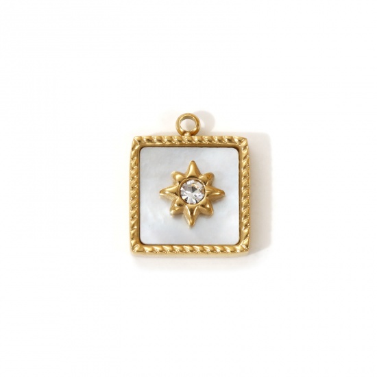 Imagen de 1 Piece Eco-friendly PVD Vacuum Plating 304 Stainless Steel & Natural Shell Galaxy Charms 18K Real Gold Plated White Square Star Micro Pave Clear Cubic Zirconia 14mm x 12mm