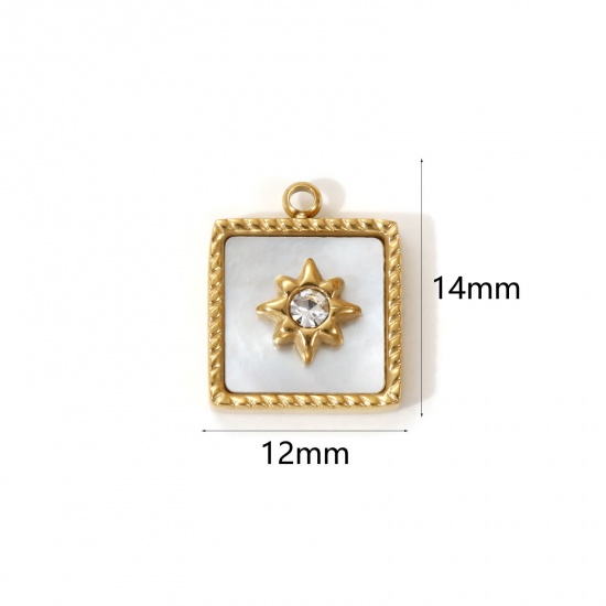 Imagen de 1 Piece Eco-friendly PVD Vacuum Plating 304 Stainless Steel & Natural Shell Galaxy Charms 18K Real Gold Plated White Square Star Micro Pave Clear Cubic Zirconia 14mm x 12mm