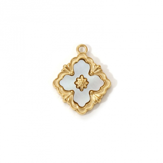 Imagen de 1 Piece Eco-friendly PVD Vacuum Plating 304 Stainless Steel & Natural Shell Charms 18K Real Gold Plated White Rhombus Flower 17mm x 14mm