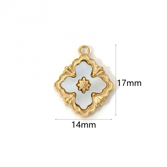 Imagen de 1 Piece Eco-friendly PVD Vacuum Plating 304 Stainless Steel & Natural Shell Charms 18K Real Gold Plated White Rhombus Flower 17mm x 14mm