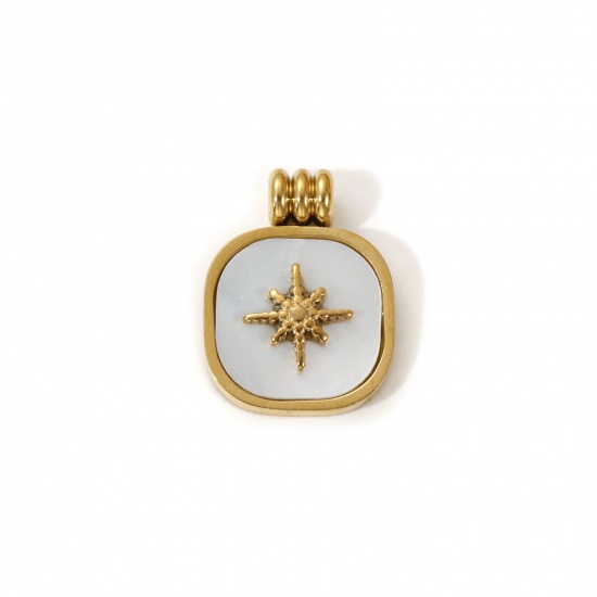 Imagen de 1 Piece Eco-friendly PVD Vacuum Plating 304 Stainless Steel & Natural Shell Galaxy Charms 18K Real Gold Plated White Square Star 18mm x 14mm