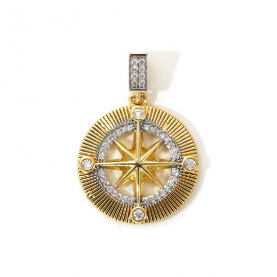 Bild von 1 Piece Brass Galaxy Pendants 18K Gold Plated & Platinum Plated Two Tone Round Star Micro Pave Clear Cubic Zirconia 3.2cm x 2.2cm