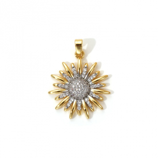 Bild von 1 Piece Brass Charm Pendant 18K Gold Plated & Platinum Plated Two Tone Sunflower Micro Pave Clear Cubic Zirconia 28mm x 21mm