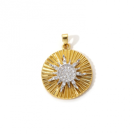 Bild von 1 Piece Brass Galaxy Charm Pendant 18K Gold Plated & Platinum Plated Two Tone Round Disc Sun Micro Pave Clear Cubic Zirconia 29mm x 22mm