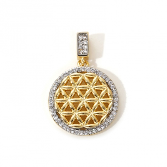 Bild von 1 Piece Brass Religious Pendants 18K Gold Plated & Platinum Plated Two Tone Round Flower Of Life Micro Pave Clear Cubic Zirconia 3cm x 2cm