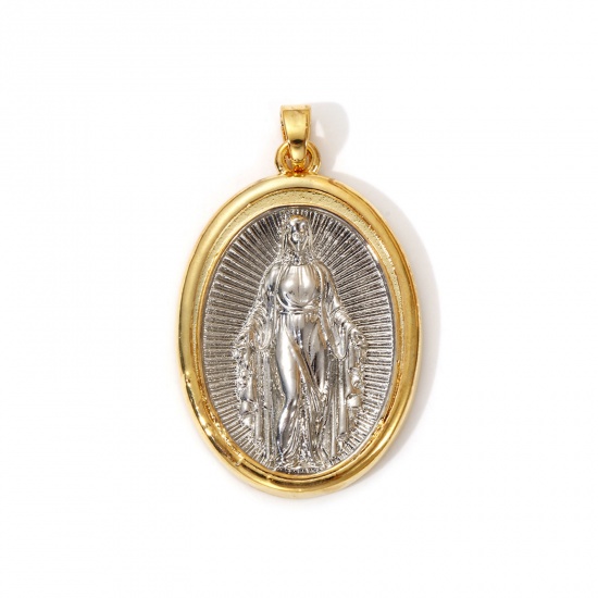 Imagen de 1 Piece Eco-friendly Brass Religious Pendants 18K Real Gold Plated & Real Platinum Plated Two Tone Oval Virgin Mary 3.5cm x 1cm