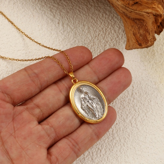 Imagen de 1 Piece Eco-friendly Brass Religious Pendants 18K Real Gold Plated & Real Platinum Plated Two Tone Oval Virgin Mary 3.5cm x 1cm
