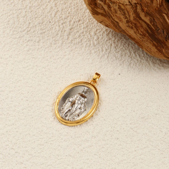 Imagen de 1 Piece Eco-friendly Brass Religious Pendants 18K Real Gold Plated & Real Platinum Plated Two Tone Oval Virgin Mary 3.5cm x 1cm
