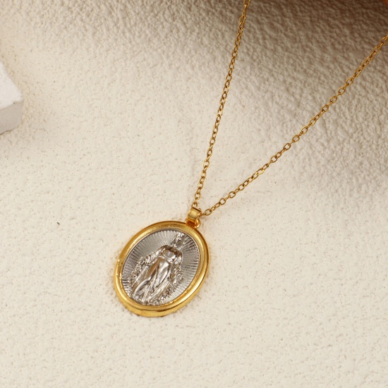 Imagen de 1 Piece Eco-friendly Brass Religious Pendants 18K Real Gold Plated & Real Platinum Plated Two Tone Oval Virgin Mary 3.5cm x 1cm