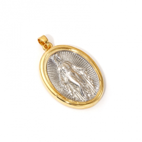 Imagen de 1 Piece Eco-friendly Brass Religious Pendants 18K Real Gold Plated & Real Platinum Plated Two Tone Oval Virgin Mary 3.5cm x 1cm