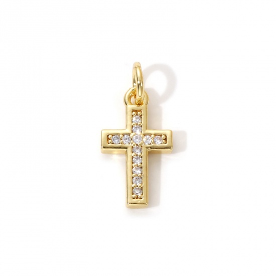 Bild von 2 PCs Eco-friendly Brass Religious Charms 18K Real Gold Plated Cross Micro Pave Clear Cubic Zirconia 18mm x 8mm