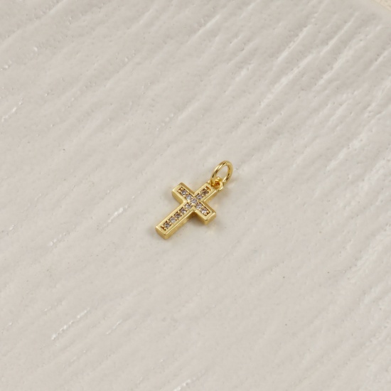 Bild von 2 PCs Eco-friendly Brass Religious Charms 18K Real Gold Plated Cross Micro Pave Clear Cubic Zirconia 18mm x 8mm