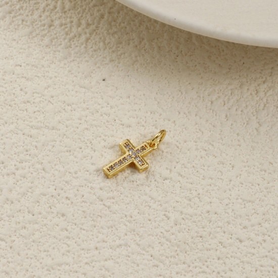 Bild von 2 PCs Eco-friendly Brass Religious Charms 18K Real Gold Plated Cross Micro Pave Clear Cubic Zirconia 18mm x 8mm