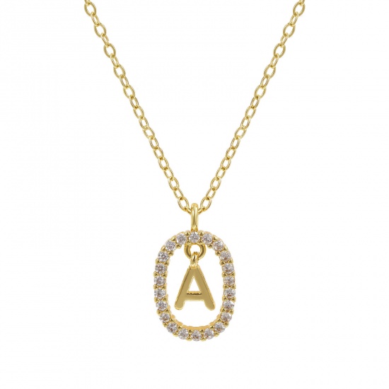 Imagen de 18K Oro Real Chapado Cadena de Cable Cruz Óvalo Collar con Colgante, Latón 46cm + 6cm, Para Mujeres, Claro Circón Artificial Mayúscula Letra Mensaje " A " Movible, Exquisito Elegante Regalo, Respetuoso del Medio Ambiente, 1 Unidad