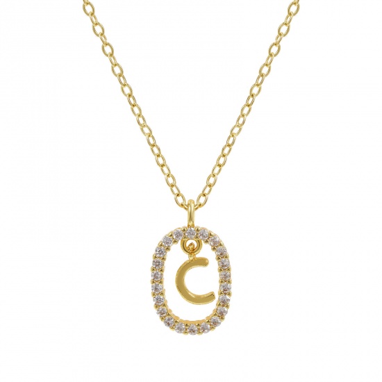 Imagen de 18K Oro Real Chapado Cadena de Cable Cruz Óvalo Collar con Colgante, Latón 46cm + 6cm, Para Mujeres, Claro Circón Artificial Mayúscula Letra Mensaje " C " Movible, Exquisito Elegante Regalo, Respetuoso del Medio Ambiente, 1 Unidad