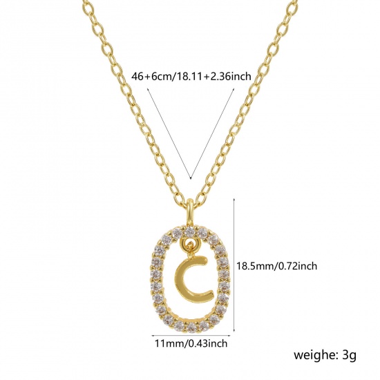 Imagen de 18K Oro Real Chapado Cadena de Cable Cruz Óvalo Collar con Colgante, Latón 46cm + 6cm, Para Mujeres, Claro Circón Artificial Mayúscula Letra Mensaje " C " Movible, Exquisito Elegante Regalo, Respetuoso del Medio Ambiente, 1 Unidad