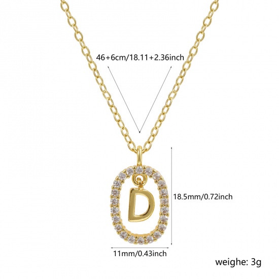 Imagen de 18K Oro Real Chapado Cadena de Cable Cruz Óvalo Collar con Colgante, Latón 46cm + 6cm, Para Mujeres, Claro Circón Artificial Mayúscula Letra Mensaje " D " Movible, Exquisito Elegante Regalo, Respetuoso del Medio Ambiente, 1 Unidad