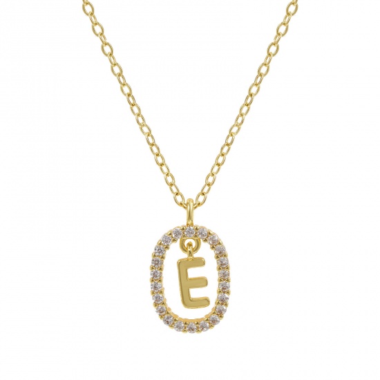 Imagen de 18K Oro Real Chapado Cadena de Cable Cruz Óvalo Collar con Colgante, Latón 46cm + 6cm, Para Mujeres, Claro Circón Artificial Mayúscula Letra Mensaje " E " Movible, Exquisito Elegante Regalo, Respetuoso del Medio Ambiente, 1 Unidad