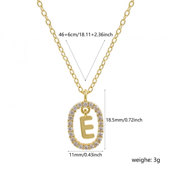 Imagen de 18K Oro Real Chapado Cadena de Cable Cruz Óvalo Collar con Colgante, Latón 46cm + 6cm, Para Mujeres, Claro Circón Artificial Mayúscula Letra Mensaje " E " Movible, Exquisito Elegante Regalo, Respetuoso del Medio Ambiente, 1 Unidad