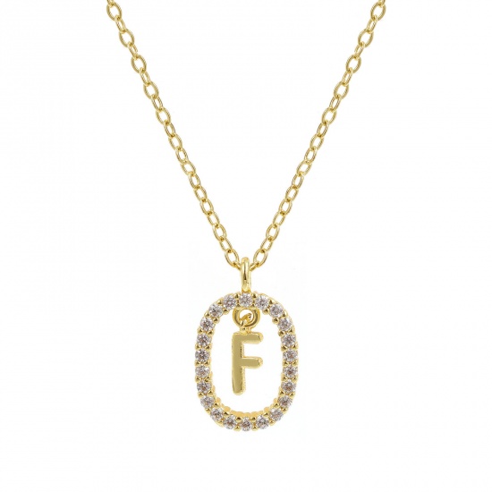 Imagen de 18K Oro Real Chapado Cadena de Cable Cruz Óvalo Collar con Colgante, Latón 46cm + 6cm, Para Mujeres, Claro Circón Artificial Mayúscula Letra Mensaje " F " Movible, Exquisito Elegante Regalo, Respetuoso del Medio Ambiente, 1 Unidad