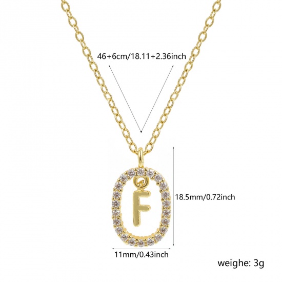 Imagen de 18K Oro Real Chapado Cadena de Cable Cruz Óvalo Collar con Colgante, Latón 46cm + 6cm, Para Mujeres, Claro Circón Artificial Mayúscula Letra Mensaje " F " Movible, Exquisito Elegante Regalo, Respetuoso del Medio Ambiente, 1 Unidad