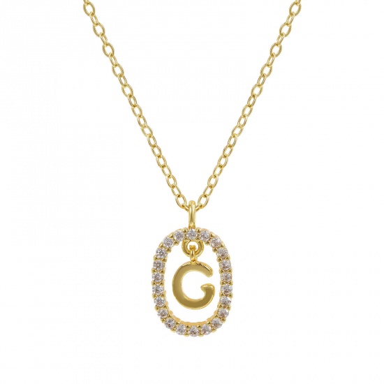 Imagen de 18K Oro Real Chapado Cadena de Cable Cruz Óvalo Collar con Colgante, Latón 46cm + 6cm, Para Mujeres, Claro Circón Artificial Mayúscula Letra Mensaje " G " Movible, Exquisito Elegante Regalo, Respetuoso del Medio Ambiente, 1 Unidad