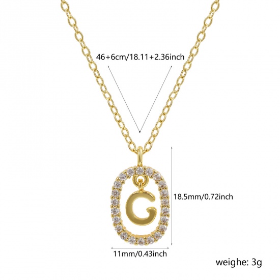 Imagen de 18K Oro Real Chapado Cadena de Cable Cruz Óvalo Collar con Colgante, Latón 46cm + 6cm, Para Mujeres, Claro Circón Artificial Mayúscula Letra Mensaje " G " Movible, Exquisito Elegante Regalo, Respetuoso del Medio Ambiente, 1 Unidad