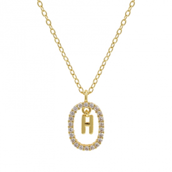 Imagen de 18K Oro Real Chapado Cadena de Cable Cruz Óvalo Collar con Colgante, Latón 46cm + 6cm, Para Mujeres, Claro Circón Artificial Mayúscula Letra Mensaje " H " Movible, Exquisito Elegante Regalo, Respetuoso del Medio Ambiente, 1 Unidad