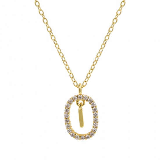 Imagen de 18K Oro Real Chapado Cadena de Cable Cruz Óvalo Collar con Colgante, Latón 46cm + 6cm, Para Mujeres, Claro Circón Artificial Mayúscula Letra Mensaje " I " Movible, Exquisito Elegante Regalo, Respetuoso del Medio Ambiente, 1 Unidad