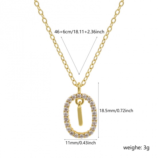 Imagen de 18K Oro Real Chapado Cadena de Cable Cruz Óvalo Collar con Colgante, Latón 46cm + 6cm, Para Mujeres, Claro Circón Artificial Mayúscula Letra Mensaje " I " Movible, Exquisito Elegante Regalo, Respetuoso del Medio Ambiente, 1 Unidad