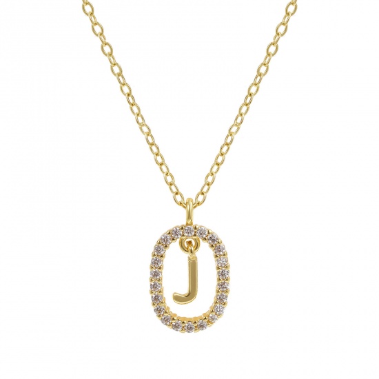 Imagen de 18K Oro Real Chapado Cadena de Cable Cruz Óvalo Collar con Colgante, Latón 46cm + 6cm, Para Mujeres, Claro Circón Artificial Mayúscula Letra Mensaje " J " Movible, Exquisito Elegante Regalo, Respetuoso del Medio Ambiente, 1 Unidad