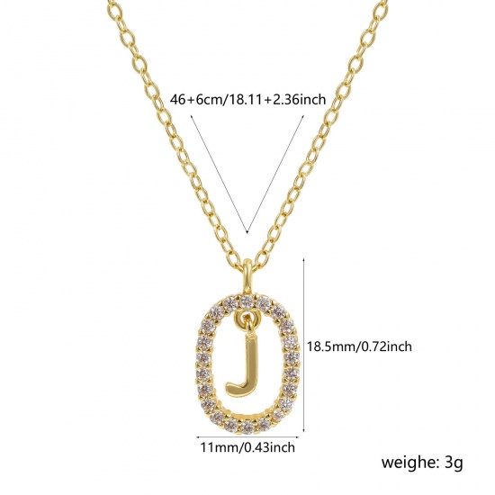 Imagen de 18K Oro Real Chapado Cadena de Cable Cruz Óvalo Collar con Colgante, Latón 46cm + 6cm, Para Mujeres, Claro Circón Artificial Mayúscula Letra Mensaje " J " Movible, Exquisito Elegante Regalo, Respetuoso del Medio Ambiente, 1 Unidad