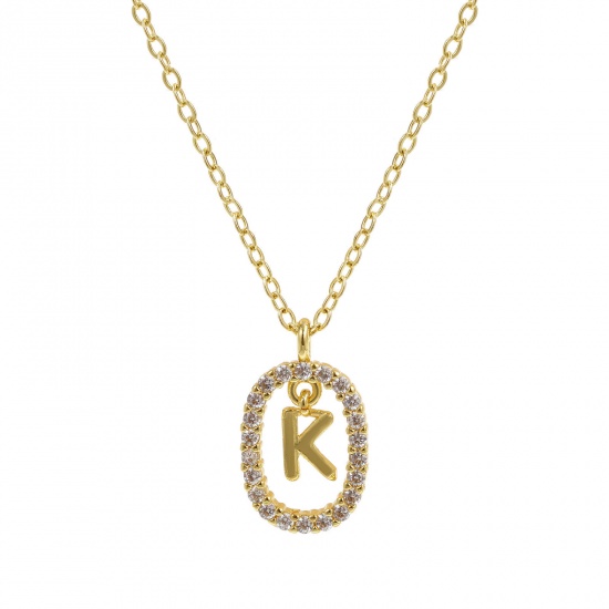 Imagen de 18K Oro Real Chapado Cadena de Cable Cruz Óvalo Collar con Colgante, Latón 46cm + 6cm, Para Mujeres, Claro Circón Artificial Mayúscula Letra Mensaje " K " Movible, Exquisito Elegante Regalo, Respetuoso del Medio Ambiente, 1 Unidad