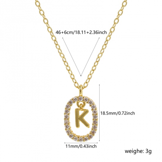 Imagen de 18K Oro Real Chapado Cadena de Cable Cruz Óvalo Collar con Colgante, Latón 46cm + 6cm, Para Mujeres, Claro Circón Artificial Mayúscula Letra Mensaje " K " Movible, Exquisito Elegante Regalo, Respetuoso del Medio Ambiente, 1 Unidad