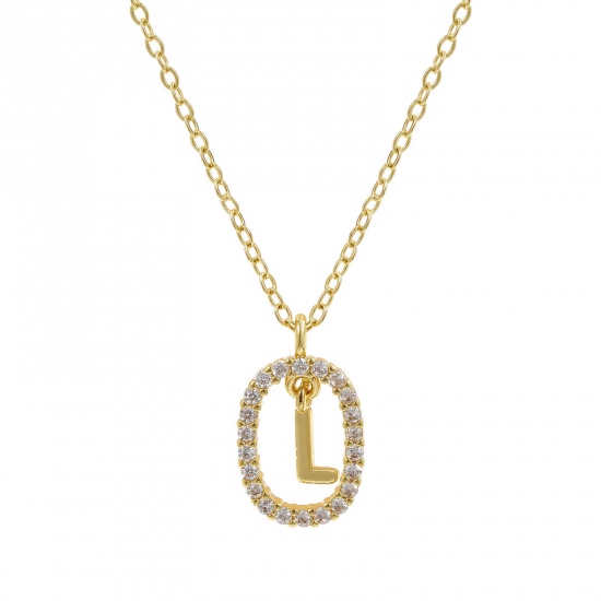 Imagen de 18K Oro Real Chapado Cadena de Cable Cruz Óvalo Collar con Colgante, Latón 46cm + 6cm, Para Mujeres, Claro Circón Artificial Mayúscula Letra Mensaje " L " Movible, Exquisito Elegante Regalo, Respetuoso del Medio Ambiente, 1 Unidad