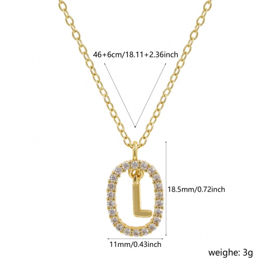 Imagen de 18K Oro Real Chapado Cadena de Cable Cruz Óvalo Collar con Colgante, Latón 46cm + 6cm, Para Mujeres, Claro Circón Artificial Mayúscula Letra Mensaje " L " Movible, Exquisito Elegante Regalo, Respetuoso del Medio Ambiente, 1 Unidad