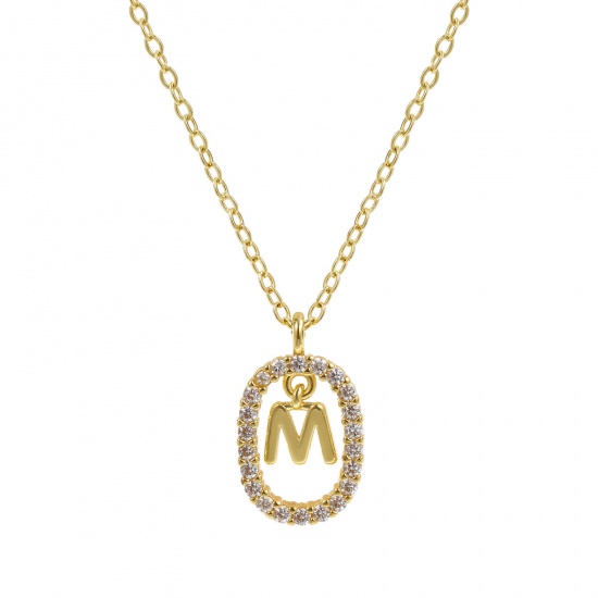 Imagen de 18K Oro Real Chapado Cadena de Cable Cruz Óvalo Collar con Colgante, Latón 46cm + 6cm, Para Mujeres, Claro Circón Artificial Mayúscula Letra Mensaje " M " Movible, Exquisito Elegante Regalo, Respetuoso del Medio Ambiente, 1 Unidad