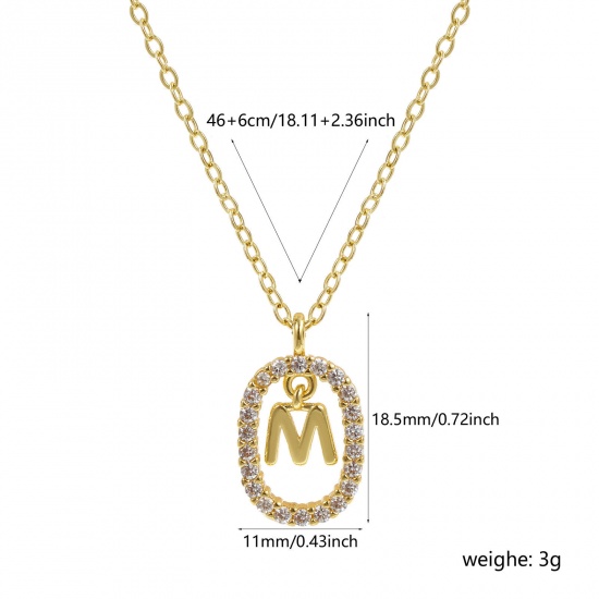 Imagen de 18K Oro Real Chapado Cadena de Cable Cruz Óvalo Collar con Colgante, Latón 46cm + 6cm, Para Mujeres, Claro Circón Artificial Mayúscula Letra Mensaje " M " Movible, Exquisito Elegante Regalo, Respetuoso del Medio Ambiente, 1 Unidad