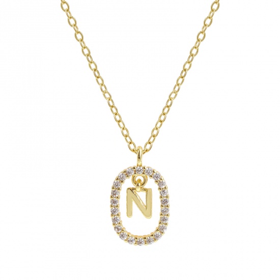 Imagen de 18K Oro Real Chapado Cadena de Cable Cruz Óvalo Collar con Colgante, Latón 46cm + 6cm, Para Mujeres, Claro Circón Artificial Mayúscula Letra Mensaje " N " Movible, Exquisito Elegante Regalo, Respetuoso del Medio Ambiente, 1 Unidad