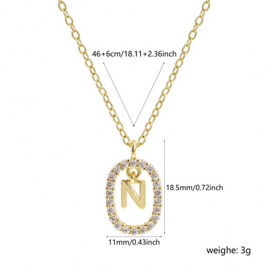 Imagen de 18K Oro Real Chapado Cadena de Cable Cruz Óvalo Collar con Colgante, Latón 46cm + 6cm, Para Mujeres, Claro Circón Artificial Mayúscula Letra Mensaje " N " Movible, Exquisito Elegante Regalo, Respetuoso del Medio Ambiente, 1 Unidad