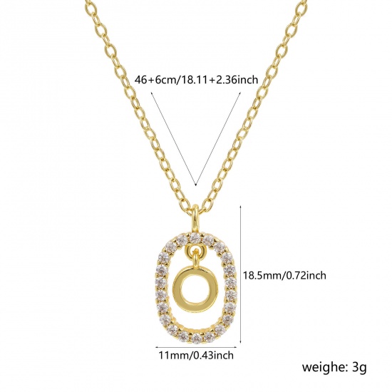 Imagen de 18K Oro Real Chapado Cadena de Cable Cruz Óvalo Collar con Colgante, Latón 46cm + 6cm, Para Mujeres, Claro Circón Artificial Mayúscula Letra Mensaje " O " Movible, Exquisito Elegante Regalo, Respetuoso del Medio Ambiente, 1 Unidad