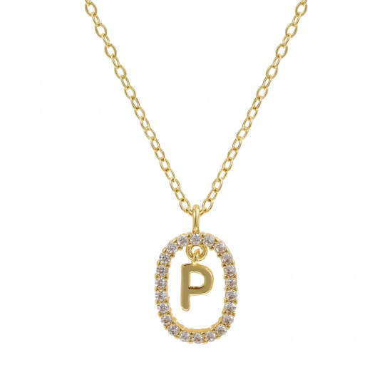 Imagen de 18K Oro Real Chapado Cadena de Cable Cruz Óvalo Collar con Colgante, Latón 46cm + 6cm, Para Mujeres, Claro Circón Artificial Mayúscula Letra Mensaje " P " Movible, Exquisito Elegante Regalo, Respetuoso del Medio Ambiente, 1 Unidad
