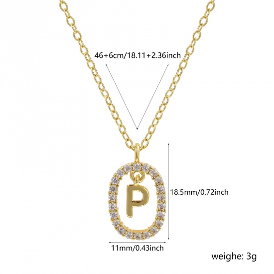 Imagen de 18K Oro Real Chapado Cadena de Cable Cruz Óvalo Collar con Colgante, Latón 46cm + 6cm, Para Mujeres, Claro Circón Artificial Mayúscula Letra Mensaje " P " Movible, Exquisito Elegante Regalo, Respetuoso del Medio Ambiente, 1 Unidad