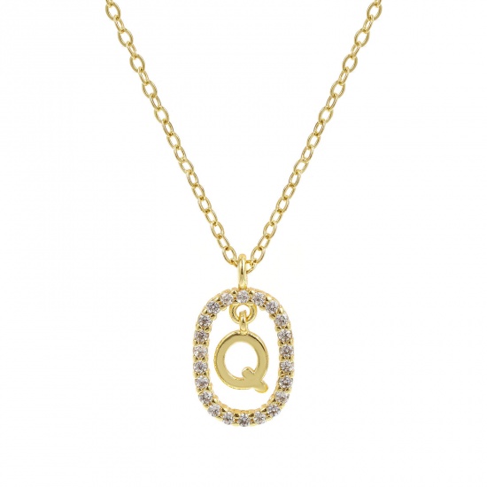Imagen de 18K Oro Real Chapado Cadena de Cable Cruz Óvalo Collar con Colgante, Latón 46cm + 6cm, Para Mujeres, Claro Circón Artificial Mayúscula Letra Mensaje " Q " Movible, Exquisito Elegante Regalo, Respetuoso del Medio Ambiente, 1 Unidad