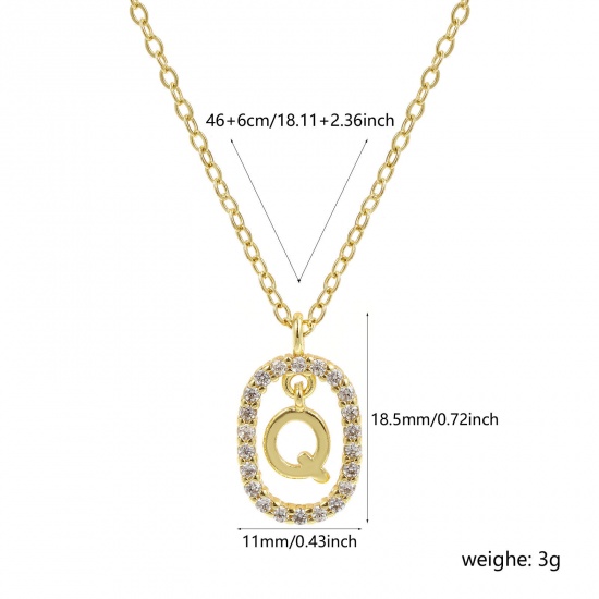 Imagen de 18K Oro Real Chapado Cadena de Cable Cruz Óvalo Collar con Colgante, Latón 46cm + 6cm, Para Mujeres, Claro Circón Artificial Mayúscula Letra Mensaje " Q " Movible, Exquisito Elegante Regalo, Respetuoso del Medio Ambiente, 1 Unidad