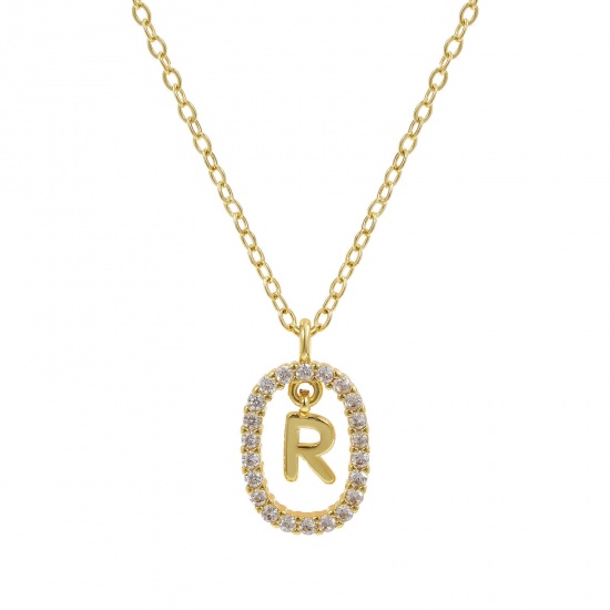 Imagen de 18K Oro Real Chapado Cadena de Cable Cruz Óvalo Collar con Colgante, Latón 46cm + 6cm, Para Mujeres, Claro Circón Artificial Mayúscula Letra Mensaje " R " Movible, Exquisito Elegante Regalo, Respetuoso del Medio Ambiente, 1 Unidad