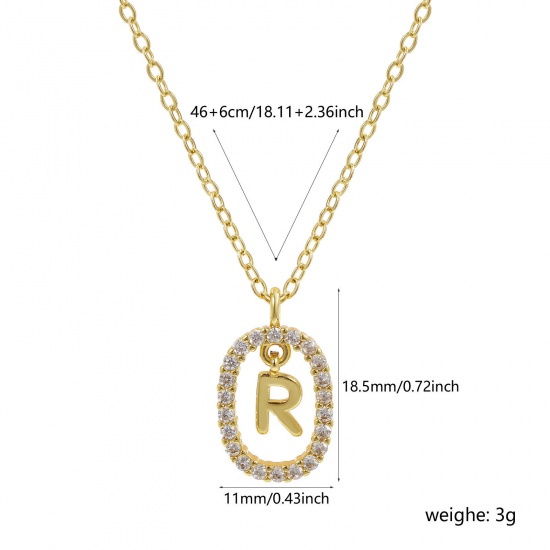 Imagen de 18K Oro Real Chapado Cadena de Cable Cruz Óvalo Collar con Colgante, Latón 46cm + 6cm, Para Mujeres, Claro Circón Artificial Mayúscula Letra Mensaje " R " Movible, Exquisito Elegante Regalo, Respetuoso del Medio Ambiente, 1 Unidad